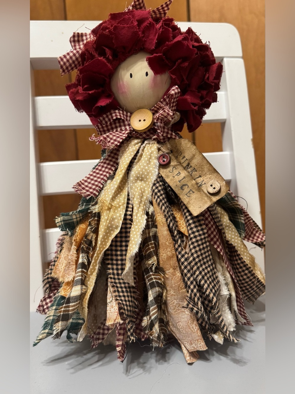 12” tall Handmade Fall Spice Rag Doll Décor - Red and Earth Tones